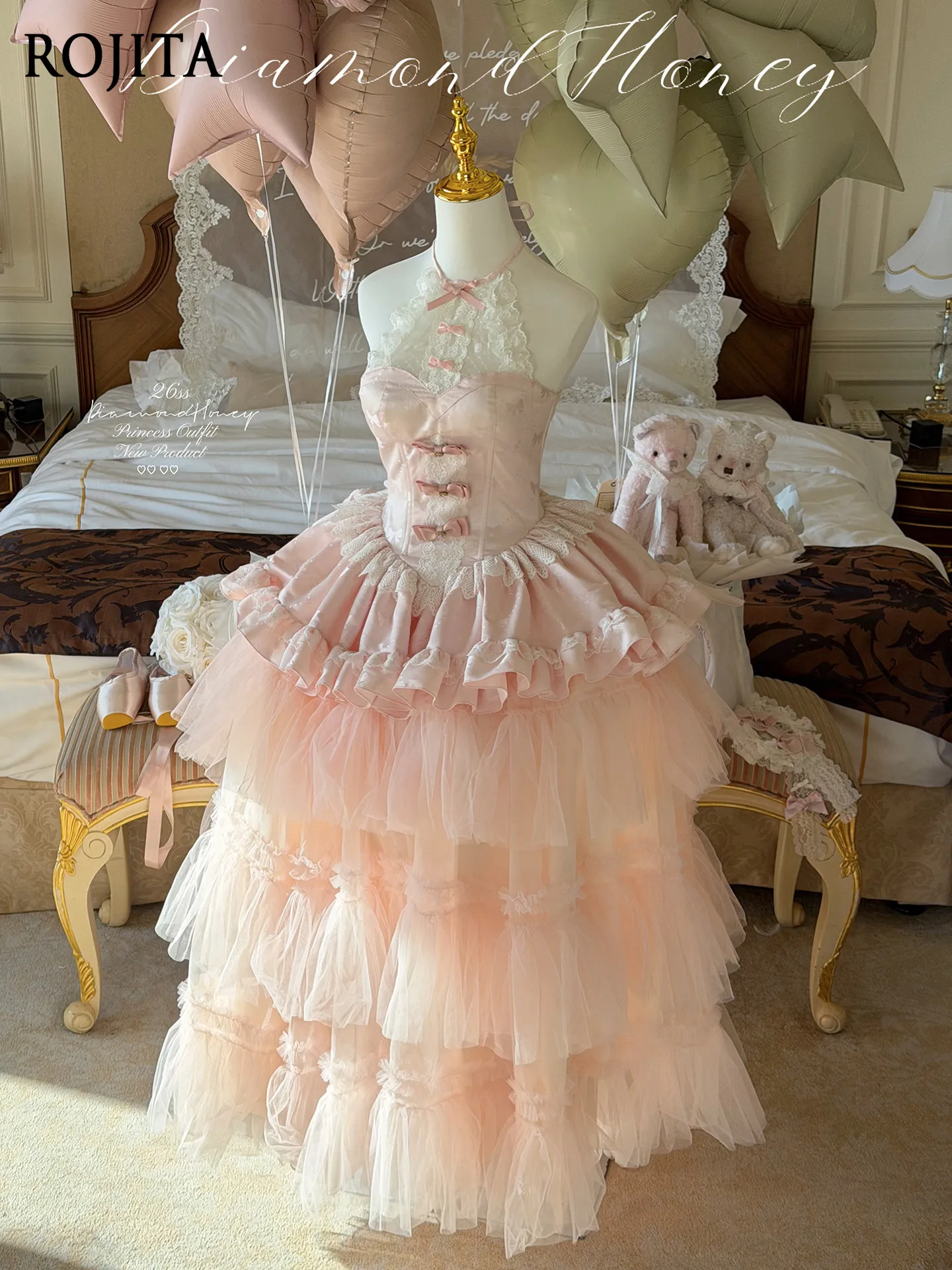 Pink Halter Lolita JSK White Lace Collar Bow Corset Lace-Up Multi-Layer Ruffle Tulle Voluminous Floor Length Princess Ball Gown