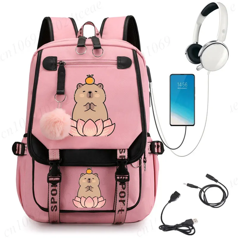 Mochila escolar para adolescentes, mochila escolar Kawaii Capybara Bubble Tea, mochila para niñas y niños, mochila para adolescentes, mochila rosa con Usb