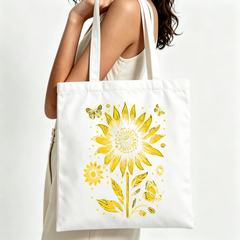 sunflower and butterfly print canvas tote bag, casual style for daily shopping and summer outings