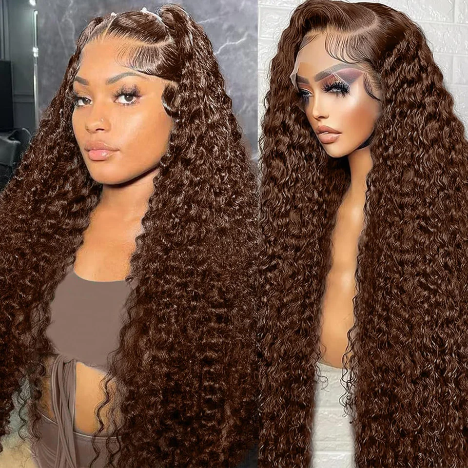 

Beliself water Wave 13x6 HD Lace Frontal Wigs Brown Color 13x4 Full Frontal Wig Brown Colored 300 Density Human Hair Wigs
