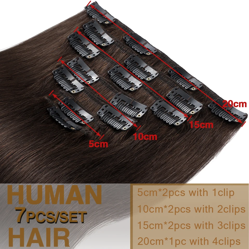 S-noilite 7Pcs/Set Human Hair Clip In Hair Extensions Natural Extension 22" Full Head Blonde Brown Hairpiece Remy Hair Clip Ins