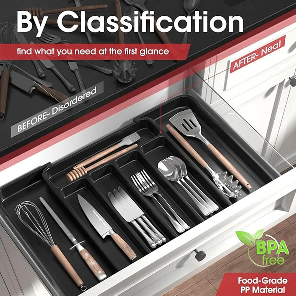 

1-2 PCS Expandable Drawer Organizer, Adjustable Cutlery Tray for Forks Knives Spoons, Multi-Use Kitchen Storage Solution
