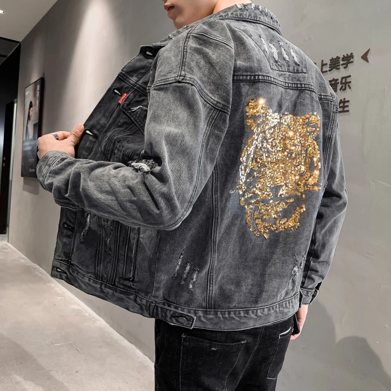 Yasuguoji novo 2022 estilo punk moda tigre dourado metal retalhos jaqueta jeans dos homens jaquetas streetwear buraco masculino