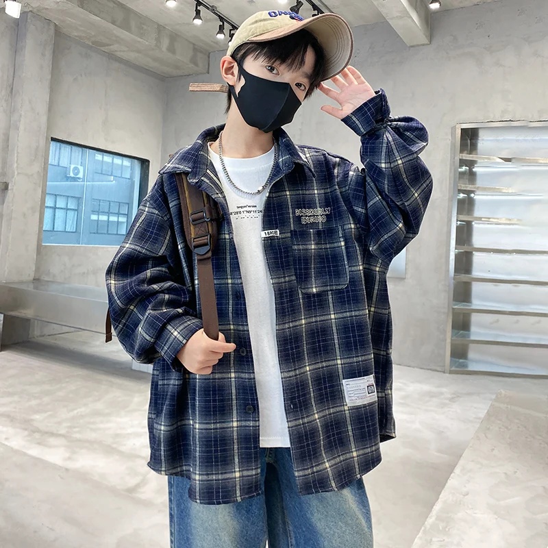Loose Casual Korean Boy Long Sleeve Plaid Shirt for Children Spring Autumn Clothing Teenage Kids Cool Outerwear Age 5 To 14 Year