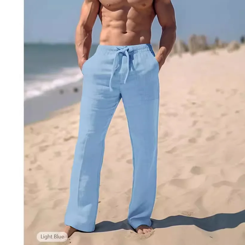 Men's Linen Four-season Beach Trousers Drawstring Elastic Waist Straight Flat, Comfortable And Breathable