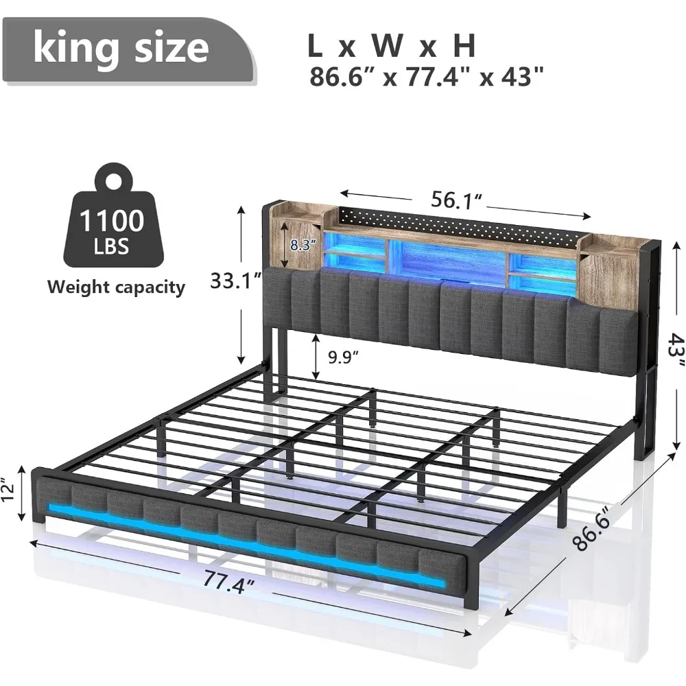 Queen Bed Frame with Storage Bookcase Headboard & LED Lights,Upholstered Bed Frame with USBCharging Station,No Box Spring Needed image 2