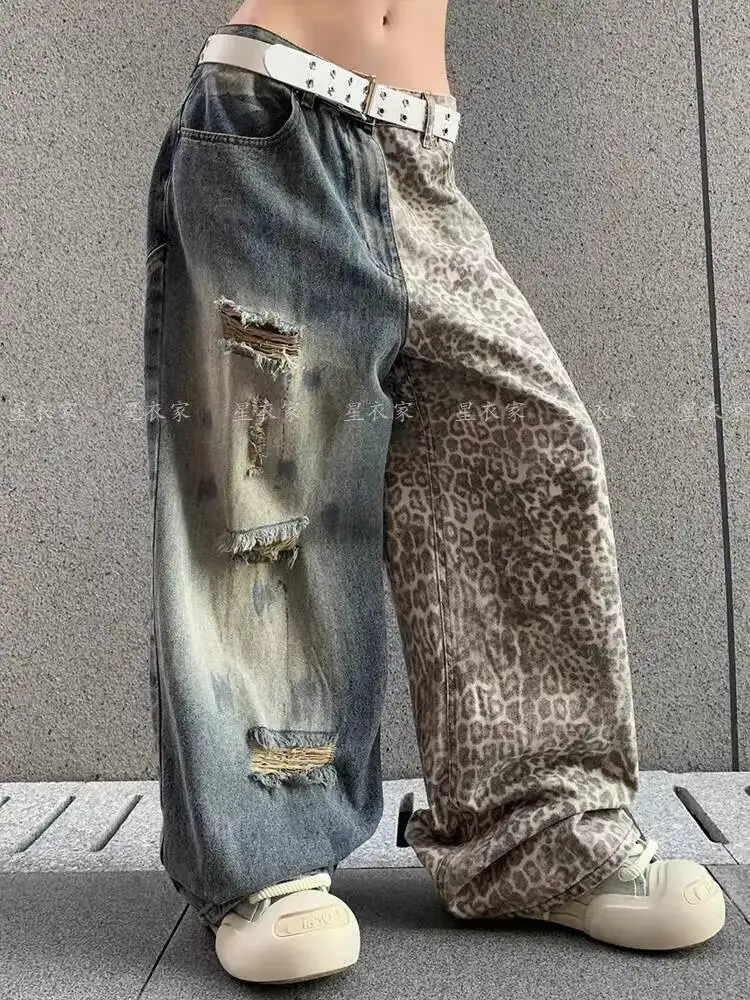 

Unisex Jeans 2026 Spring Autumn Women Vintage Washed Ripped Jeans Leopard Print Patchwork Fashion High Waist Floor Length Pants