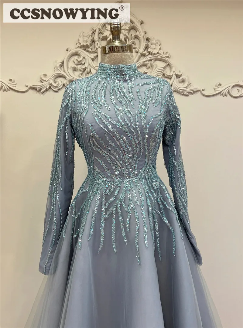 Dusty Blue Beaded Long Sleeve Muslim Evening Dresses High Neck Arabic Dubai Caftan Hijab Islamic Prom Dress Formal Party Gown