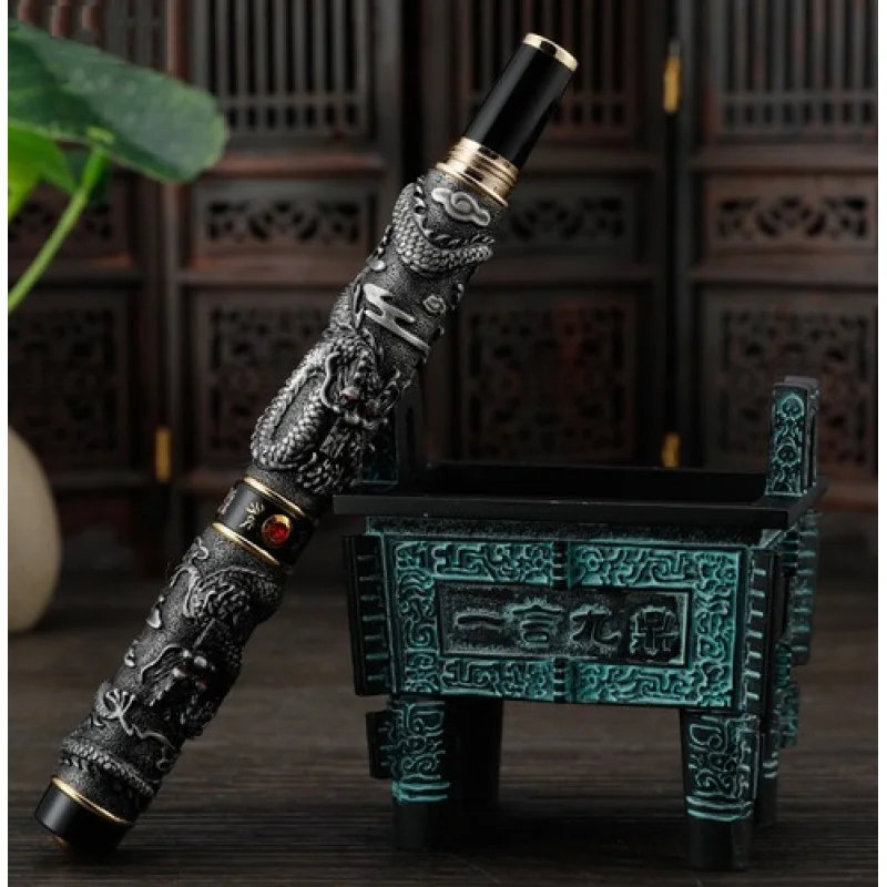 A+ Jinhao Double Dragon Playing Pearl Vintage Rollerball Pen 3D Embossed, Gray