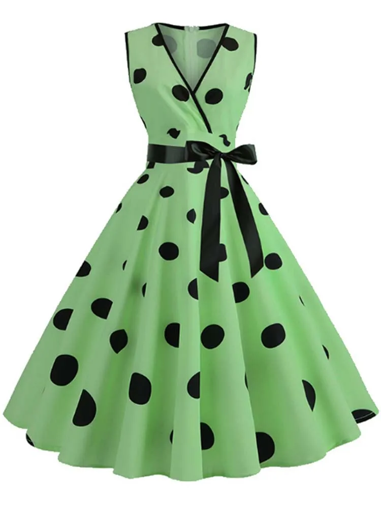 Women Summer Polka Dot Vintage Dress Sexy Deep V Neck Sleeveless Party  Sundress Elegant Casual Belt Beach Dress - AliExpress 200000345