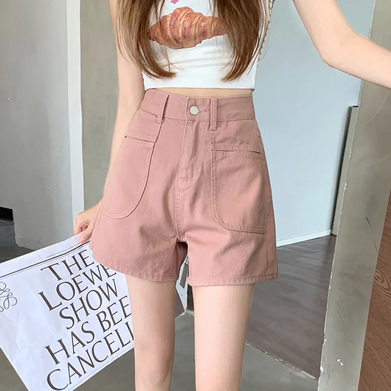 

Pink Denim Shorts Women's Summer Vintage Light Blue High Waisted A Line Short Jeans Loose Wide Leg Pants