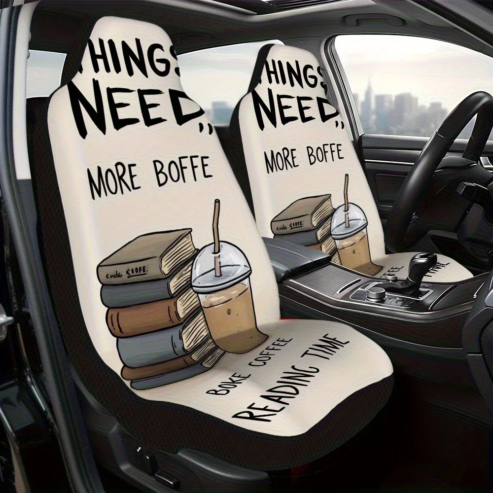 2 housses de siège de voiture imprimées Books Coffee Bliss, rembourrage doux, tissu durable et lavable, housses de siège avant élégantes pour femmes