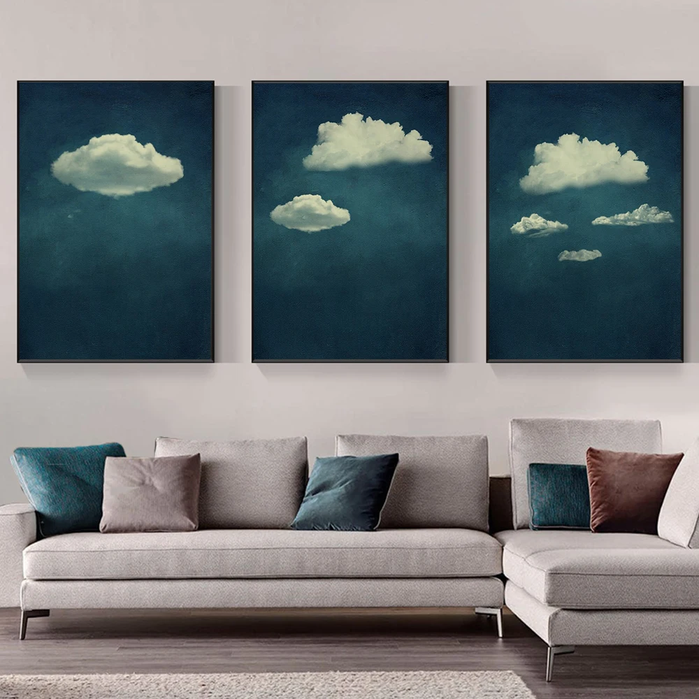 

Minimalist Clouds Art Poster Prints Office Living Room Home Decor Dark Blue Sky White Cloud Landscape Canvas Painting Wall Art