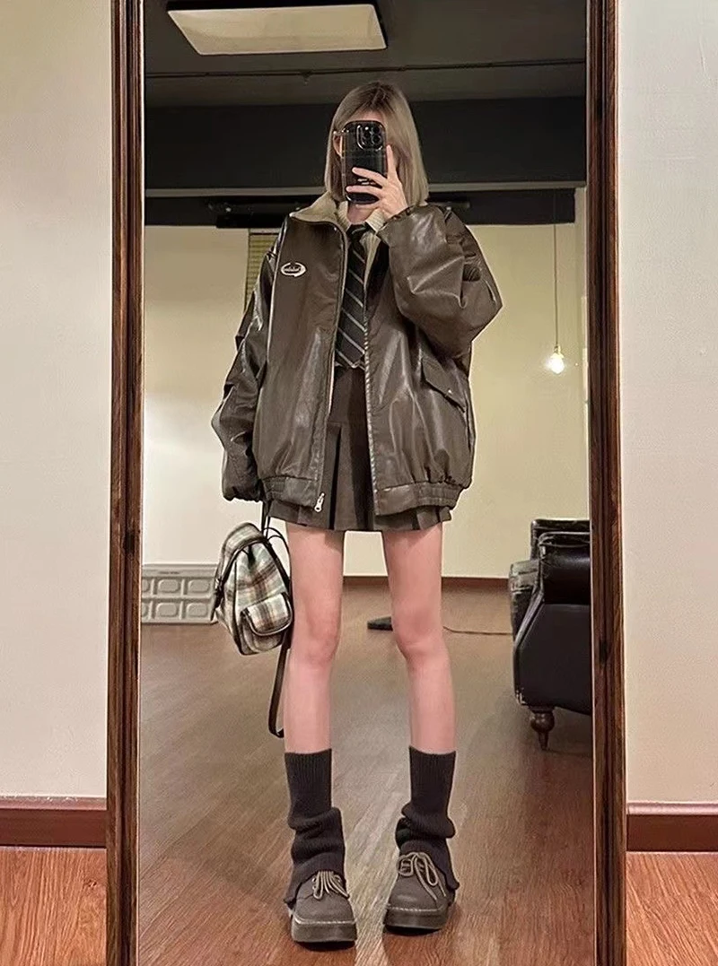 Reversible Brown Women Pu Jacket Sherpa Lined Coat Zip Up Fleece Oversized Retro Moto Streetwear Y2K Winter Outerwear Top