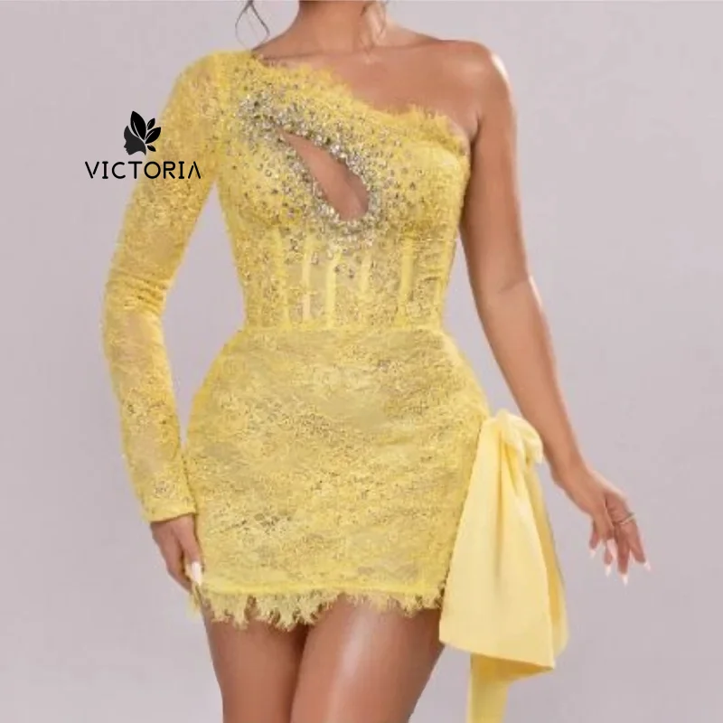 Yellow Lace Homecoming Mini Dress Chest Crystal Cutout Boned Corset Side Satin Bow Fringe Short Cocktail Prom Dress Customized