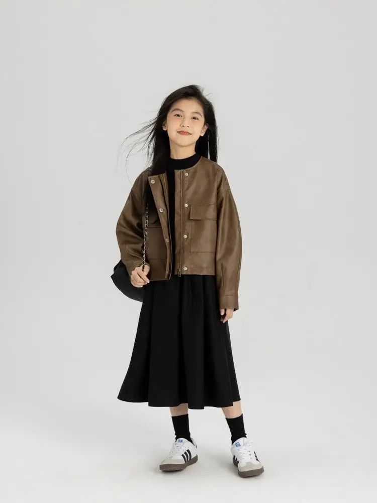 

Girl Coat Dress Suit Spring and Autumn Coat Children Leather Short Jacket Foreign Air Network Two Piece Suit Children Sets