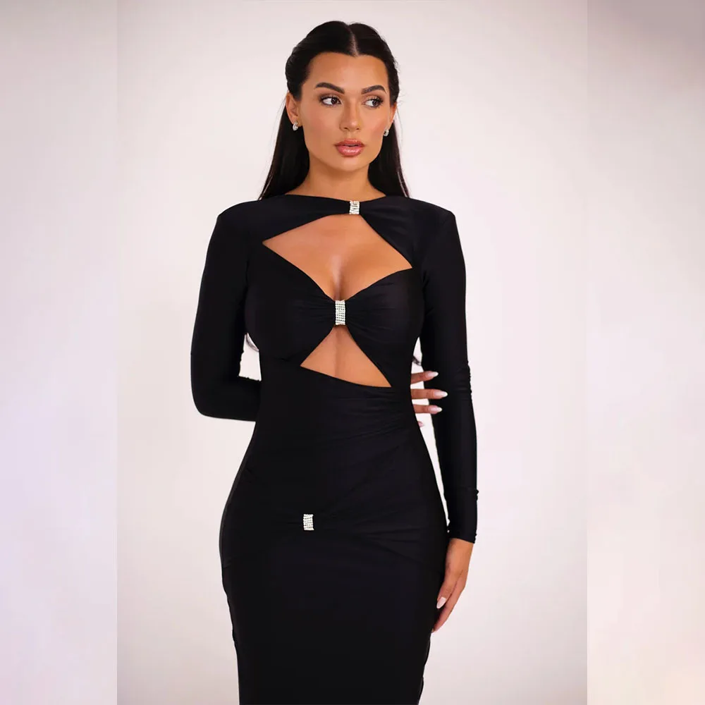 Elegant Bodycon Long Sleeve Maxi Dress For Women Sexy Hollow Out Solid Color Cut Out Club Party Long Dress Slim Evening Vestidos