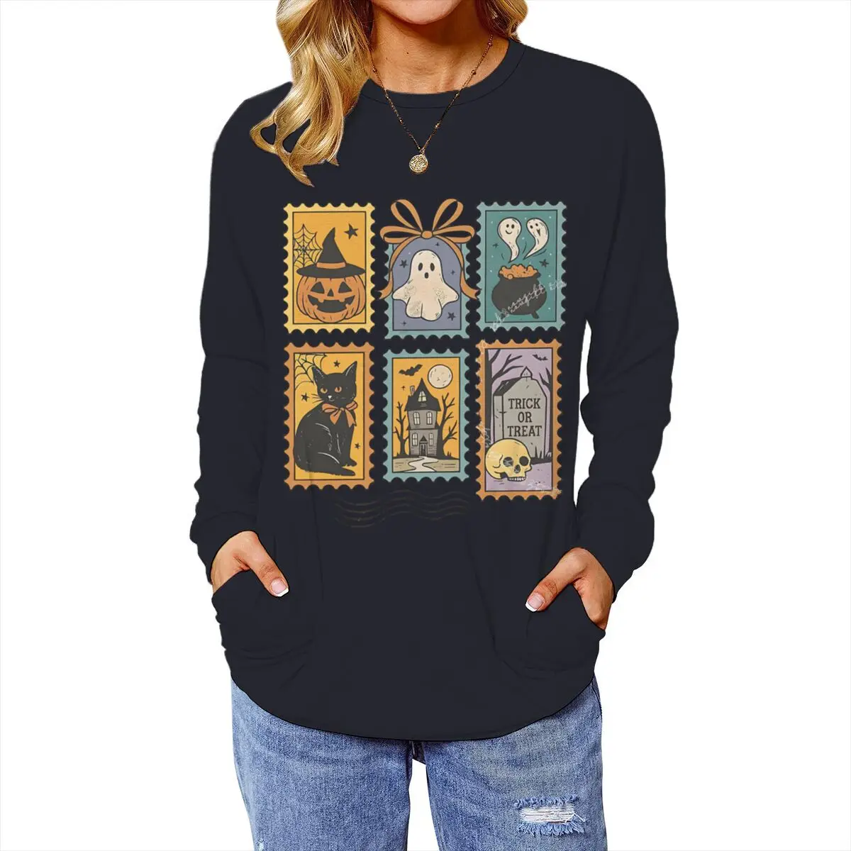 Stamp Style Ghost Pumpkin Design Funny Tshirt For Women Casual O Neck T-Shirt Vintage Fashion Long Sleeve Festival Halloween Tee
