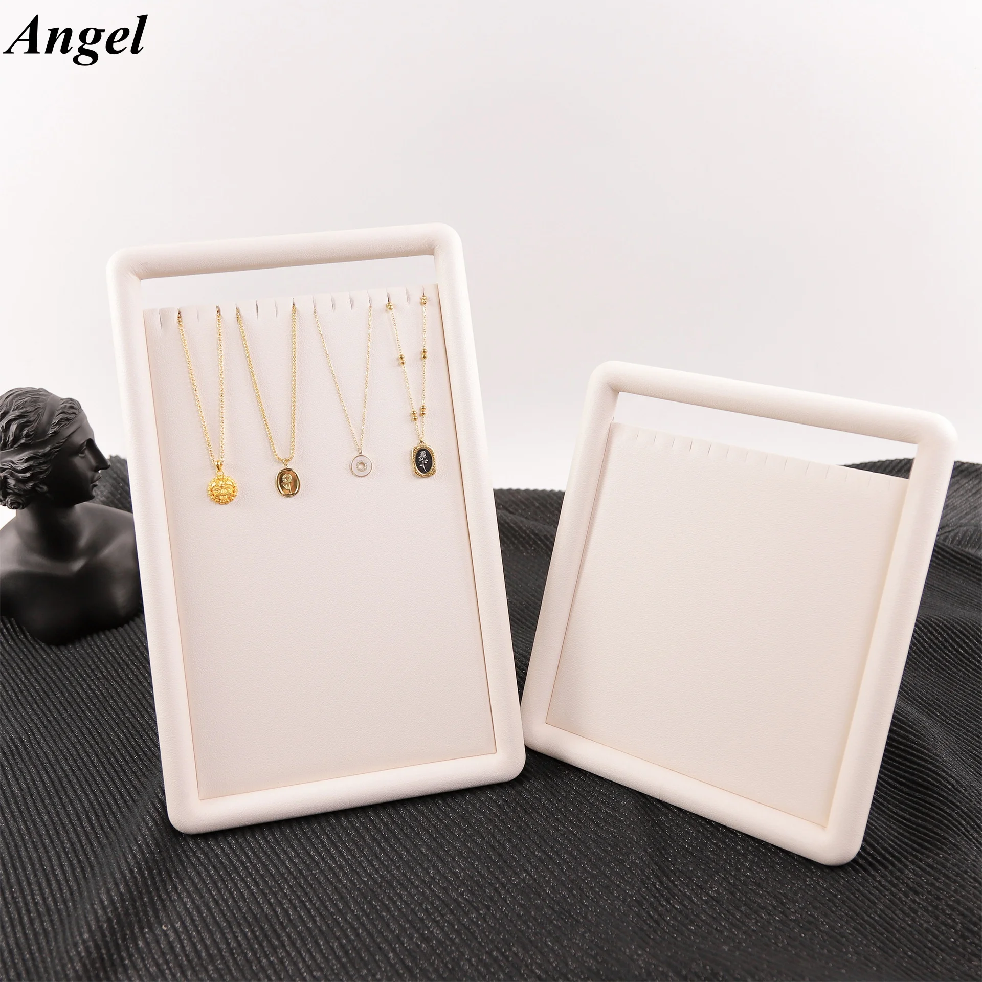 Beige Leather Jewelry Display Stand, Multi-Tier Earring Necklace Ring Holder Organizer, Vertical Countertop Showcase for Boutiqu