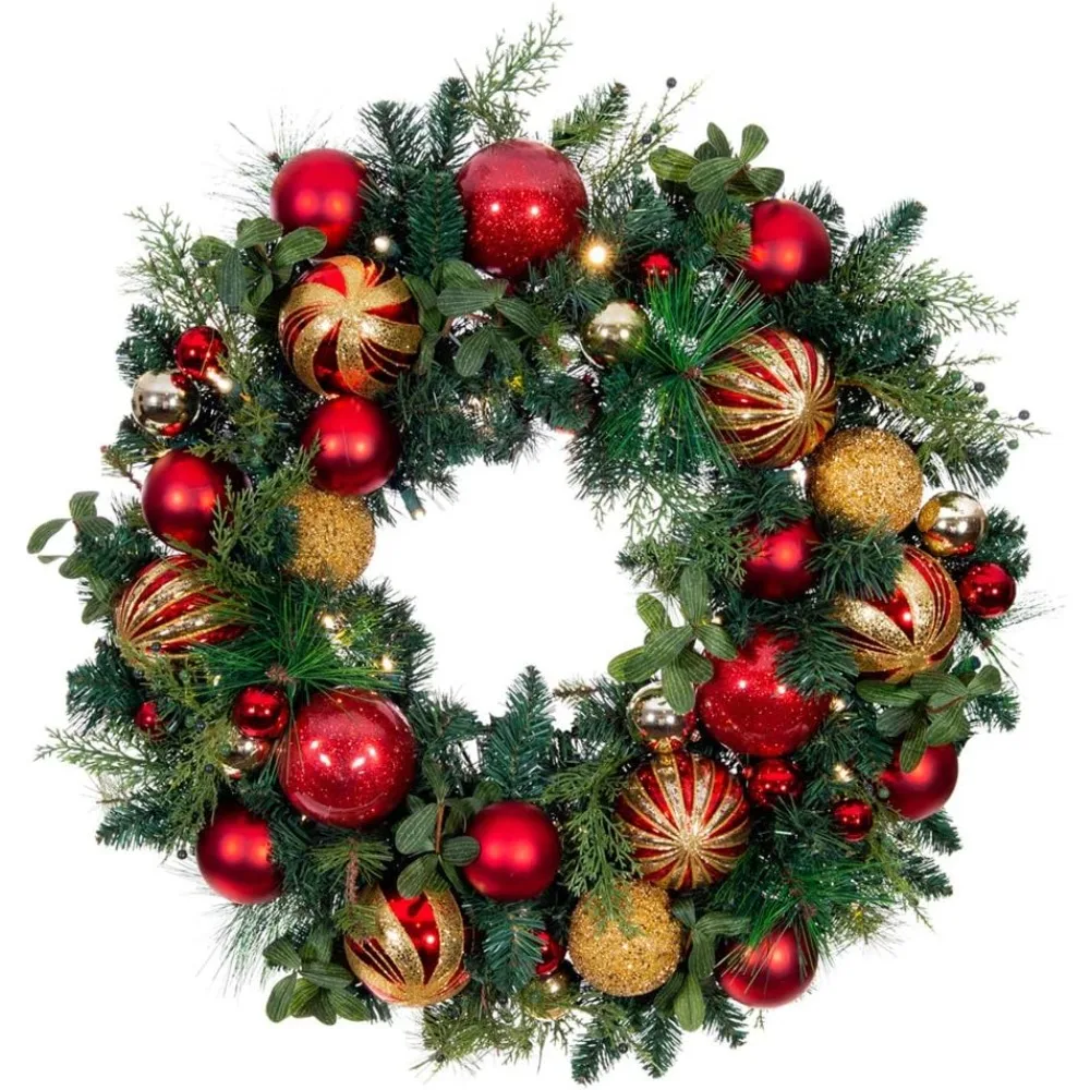 

Christmas Classic Collection - Red and Gold Decoration - Pre Lit with 50 Warm Clear LED Mini Lights Wreaths & Garlands