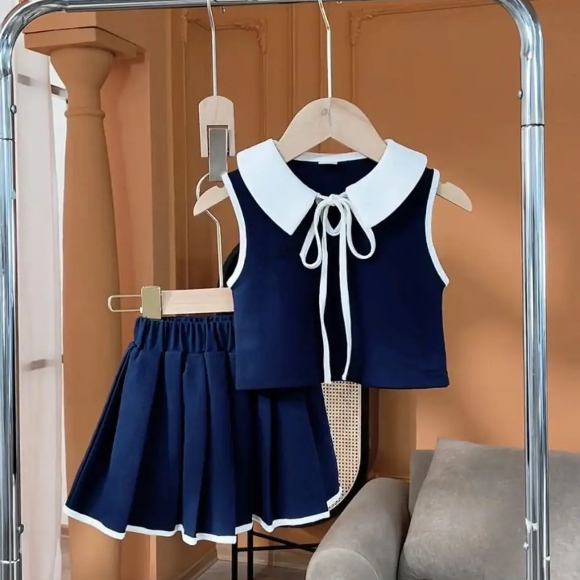 

Baby Girls Clothing Set Summer New Style Children's Sleeveless POLO Collar Tank Top pleated Skirt College Style 2-piece Set