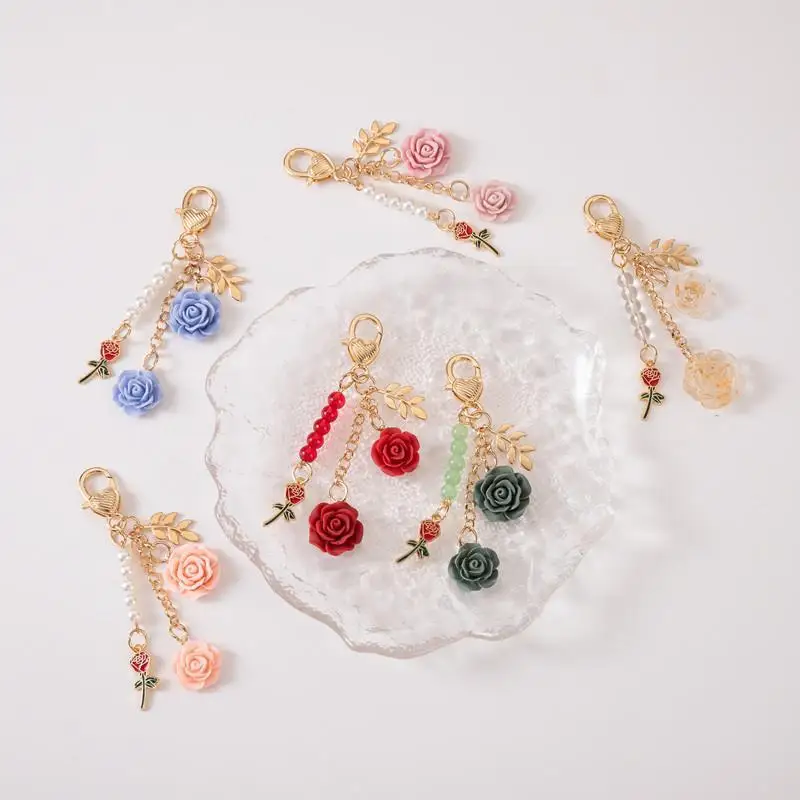 Pearl Decor 3D Resin Rose Camellia Key Chain Alloy Pendant Keyring Durable Anti-Lost Accessory for Women Daily Commute