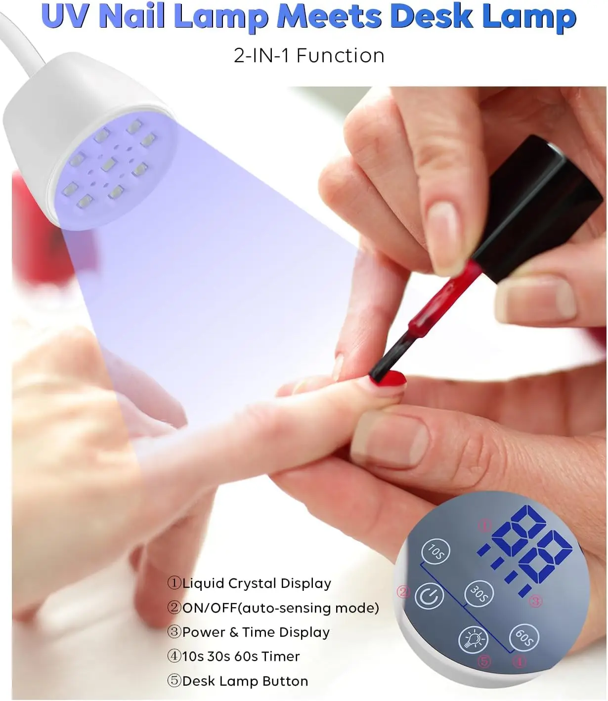 مصباح أظافر LED بالأشعة فوق البنفسجية - مجفف أظافر جل USB لاسلكي بقدرة 27 وات مع مستشعر تلقائي، ومصباح أظافر 2 في 1 (أبيض)