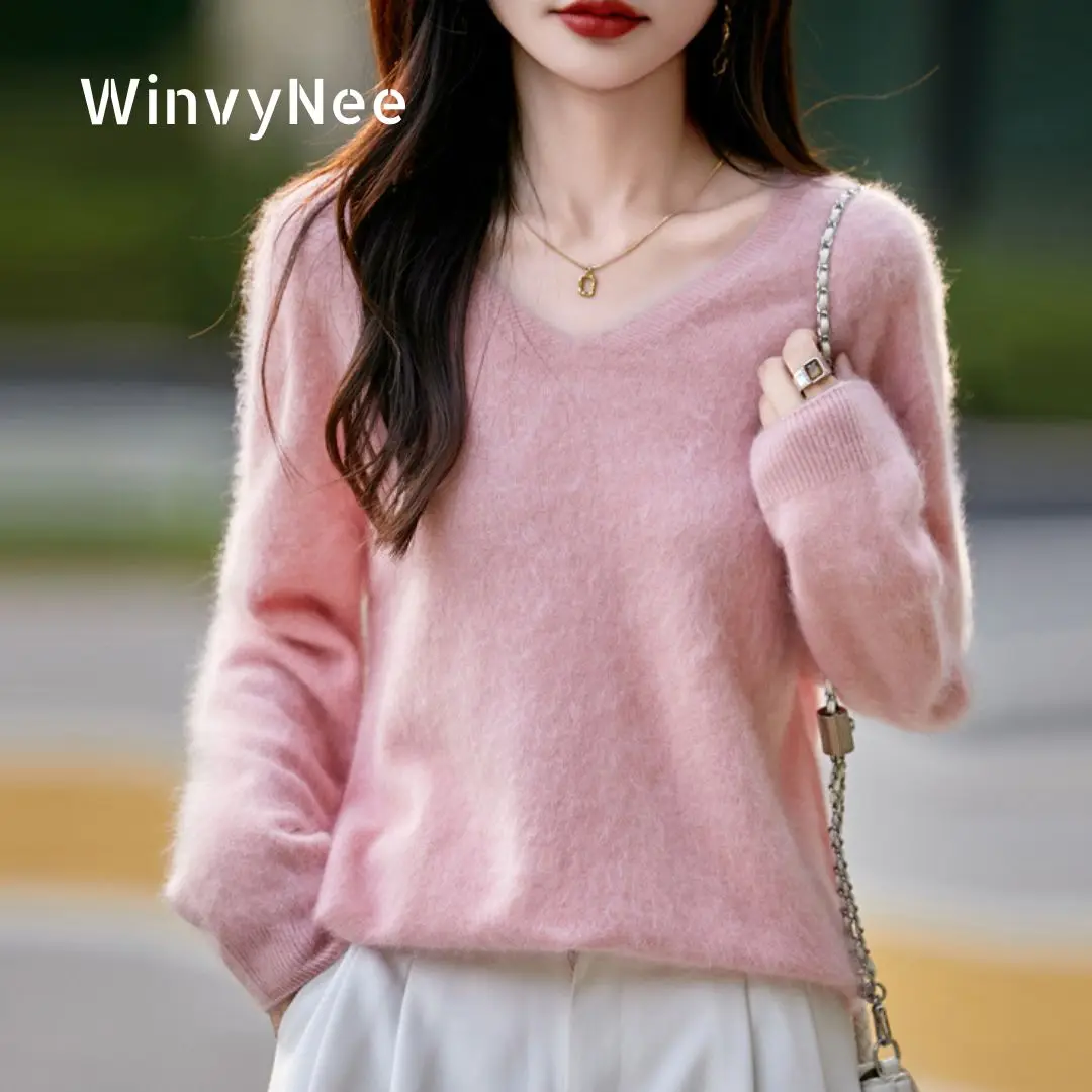 

WinvyNee женские топы из матовой кашемировой шерсти, зимние свитера с v-образным вырезом, розовые теплые повседневные вязаные топы, пуловеры, однотонные джемперы A1713002A