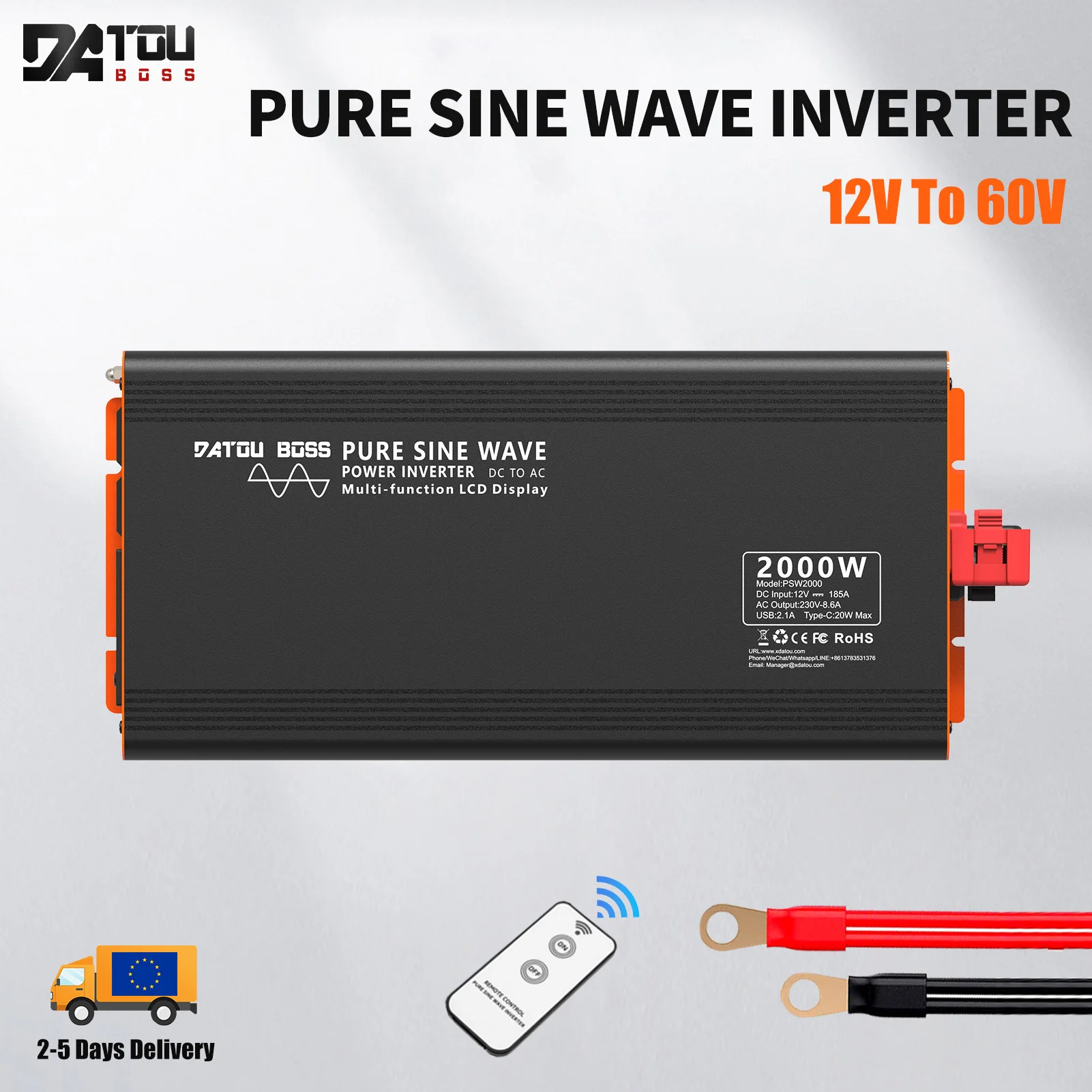 DATOUBOSS PSW-2000 Pure Sine Wave Inverter DC12V-24V to AC220V Portable Car Inverter 2000W Power Supply Voltage Converter