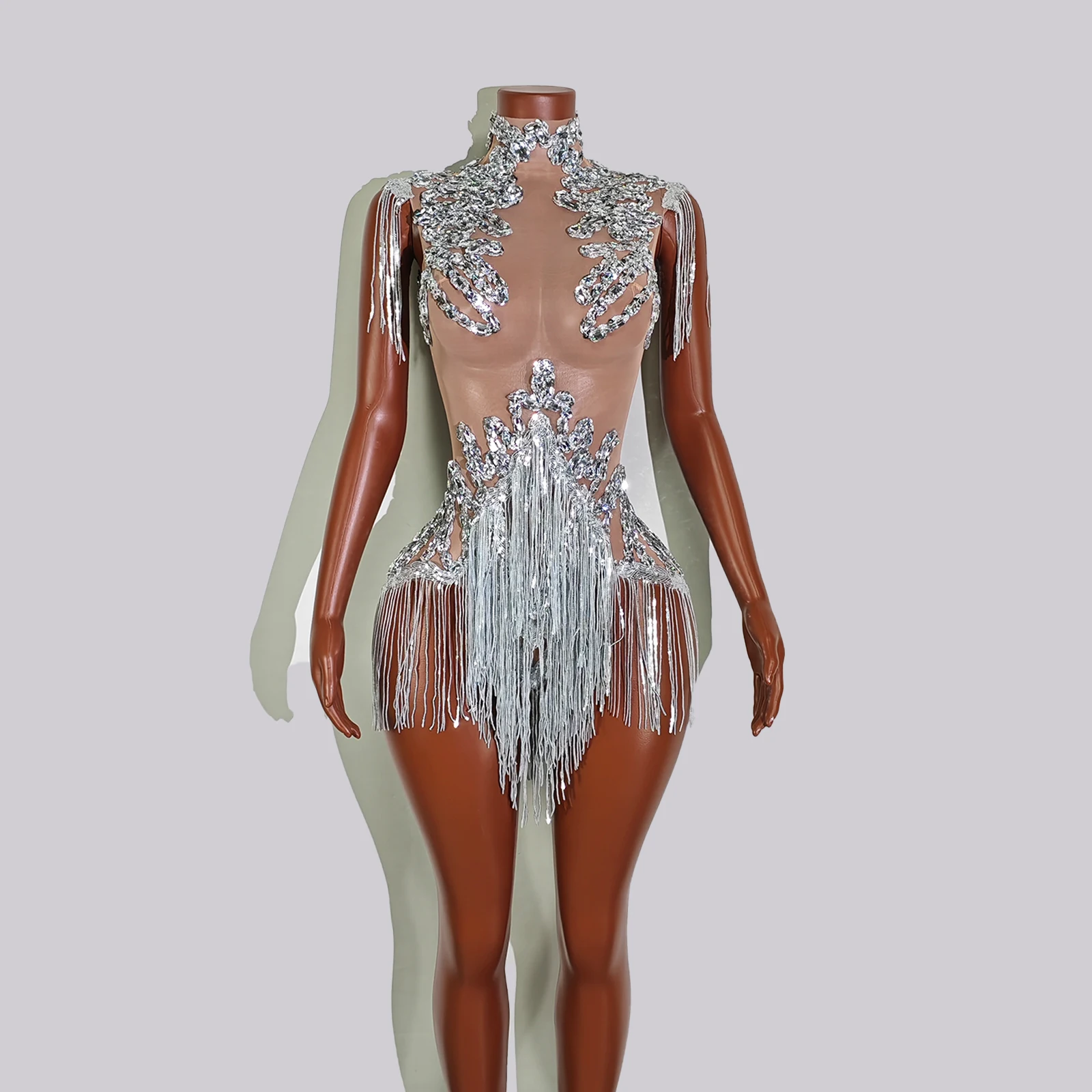 

Sexy Glitter Silver Rhinestones Bodysuit See-through Tassels Drag Queen Dance Outfits Gogo Costume NightClub Performace Stage