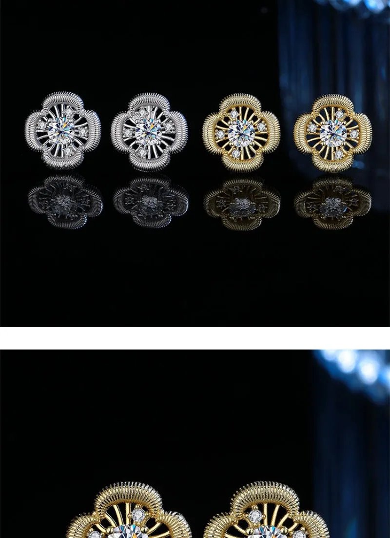 925 Sterling Silber Kleeblatt Moissanit Ohrstecker für Damen, Feiner Schmuck, 14k Vergoldete Blumenohrringe, Testergeprüft, Geburtstagsgeschenk – Detail 3