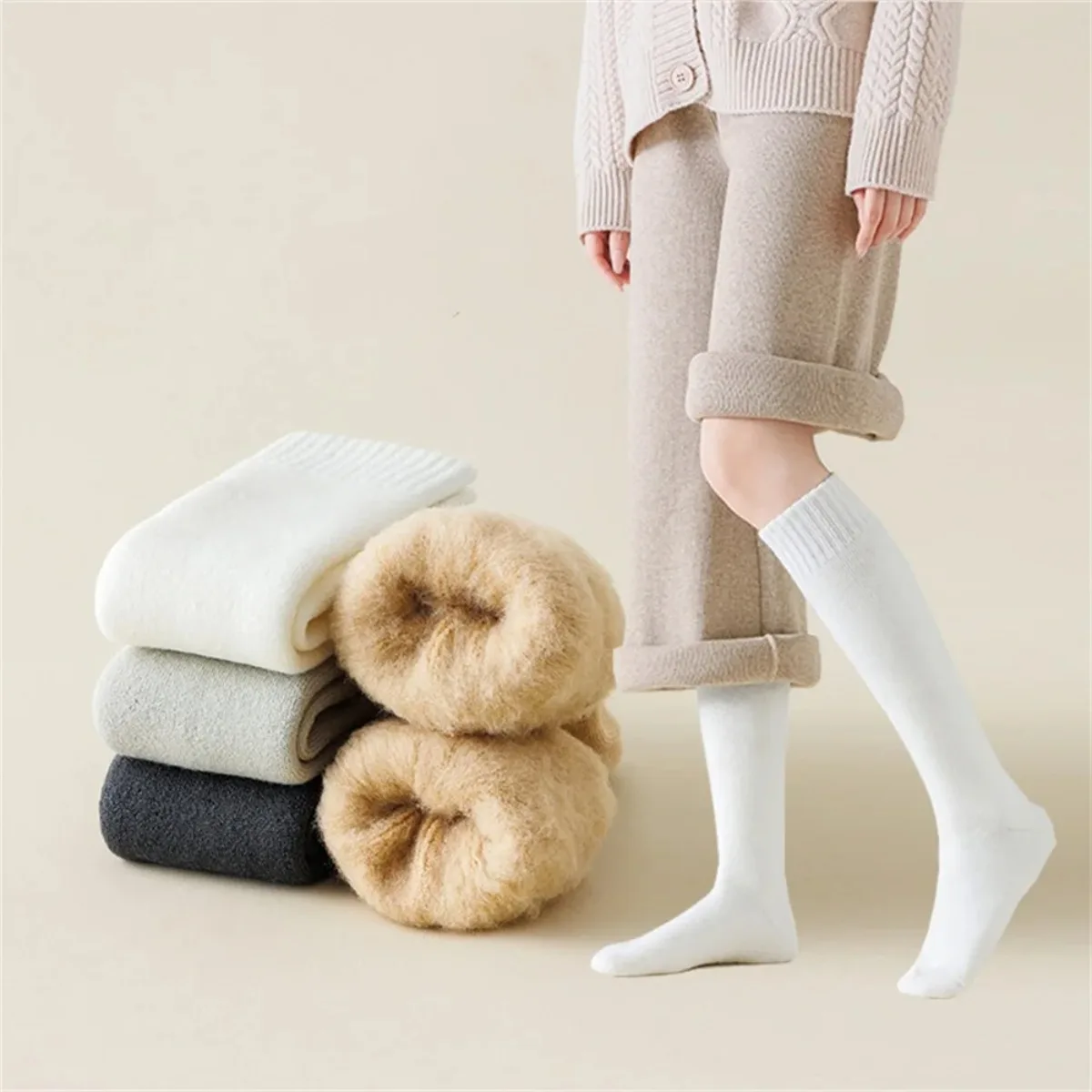 Wool Thermal Socks Winter Socks Knee-High Loop Long Stockings Uses For Casual Cold Weather Everyday Use