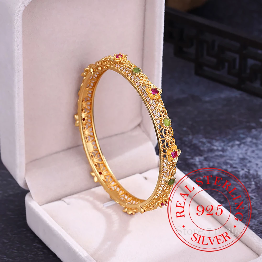 925 Sterling Silver Jewelry 18K Gold Plated Hollow Crystal Flower Bangles Bracelets for Women Homme Wedding Party Jewelry Gift