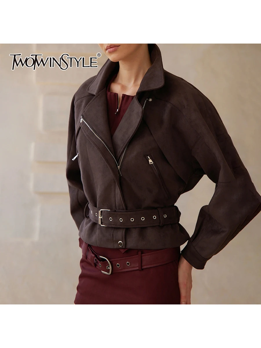 

TWOTWINSTYLE модные утягивающие короткие куртки с поясом для женщин, повседневная куртка с длинными рукавами и лацканами в стиле пэчворк на молнии, женская новинка