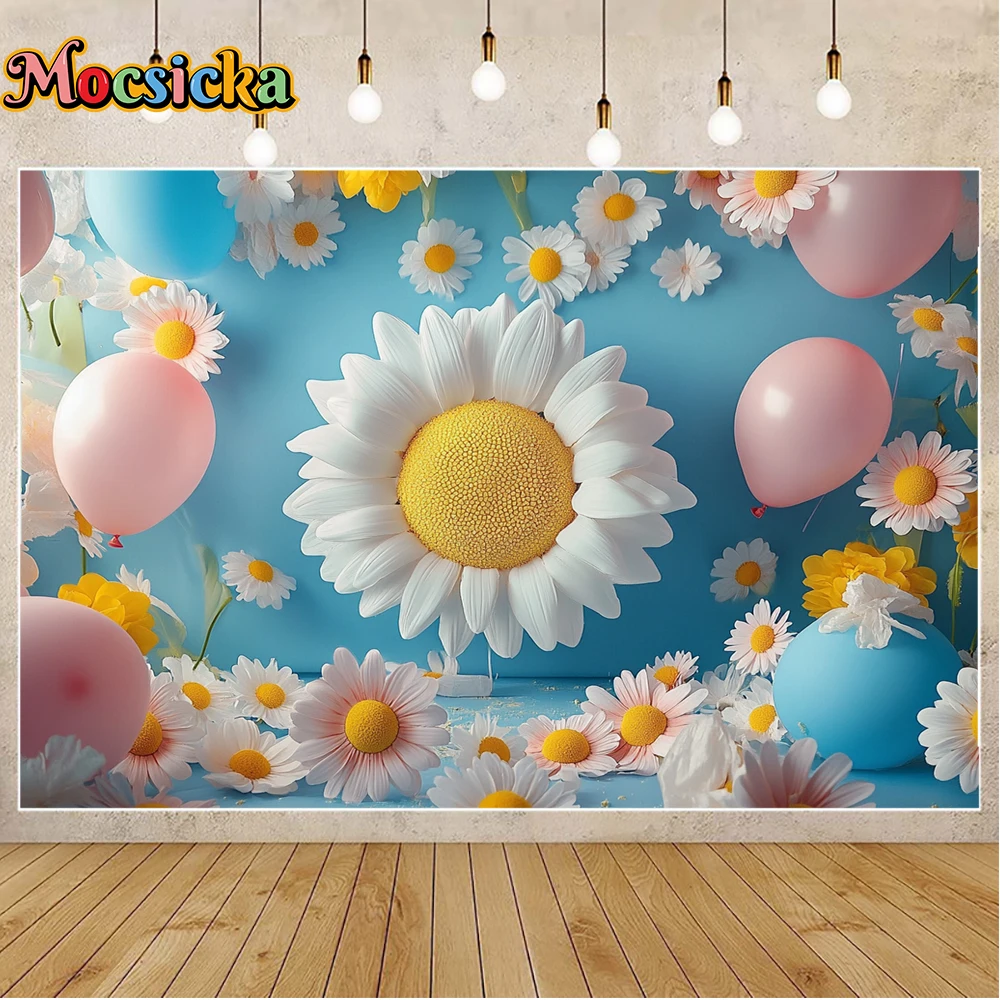 Mocsicka بالون التصوير خلفية أبيض أصفر الإقحوانات الأزرق خمر كعكة سحق الجمالية الأزهار موضوع استوديو ديكور الحفلات