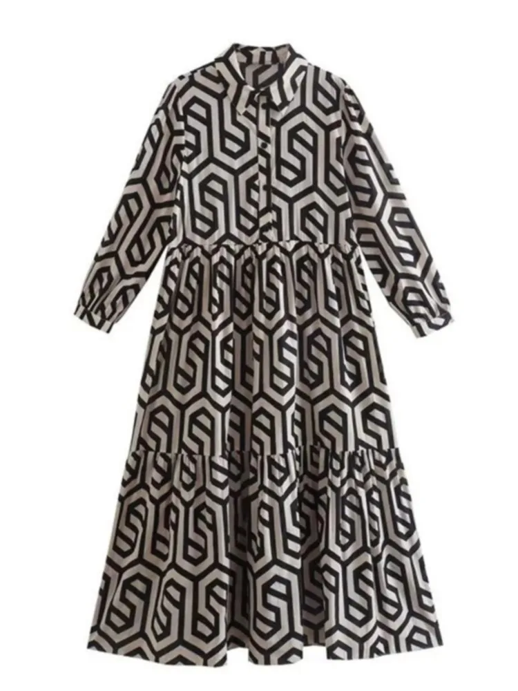 春夏の新作レディース長袖ラペルグリーン幾何学模様プリントシャツスタイルミッドレングスドレス