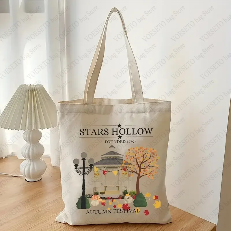 Stars Hollow Pattern Tote Bag Autumn Casual Canvas Shoulder Bag Female Shopping Bags Great Gift for Stars Hollow Fans