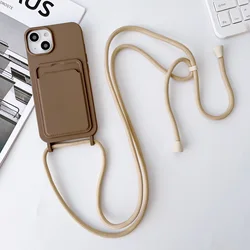 Luxury Card Holder Lanyard Silicone Phone Case For iPhone 16 15 14 13 12 11 Pro XS Max SE X Plus Ultra-thin Necklace Rope Cover