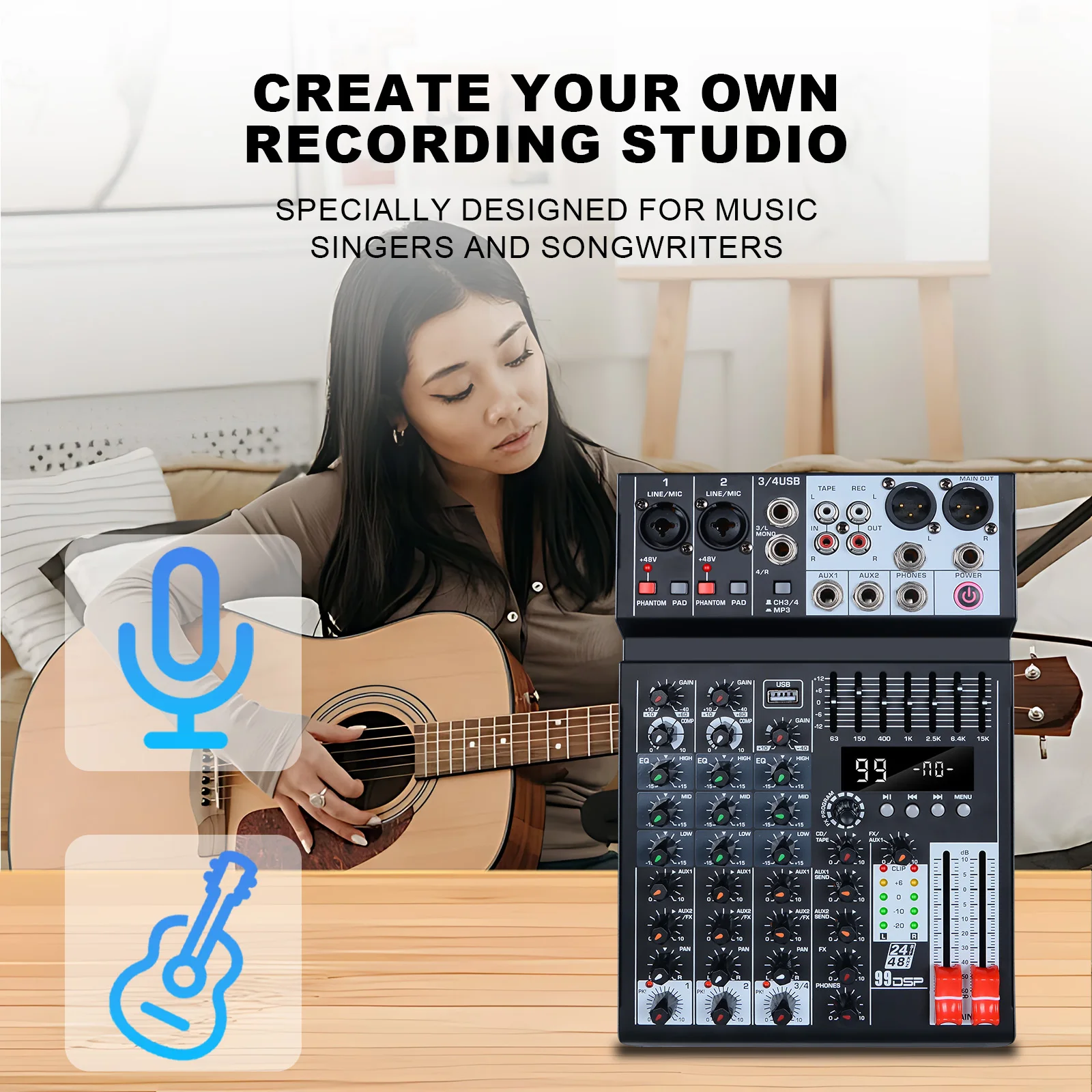 99 effects 4-channel mixing console with balance adjustment function Digital USB Bluetooth Echo Delay Effect 48V Stereo