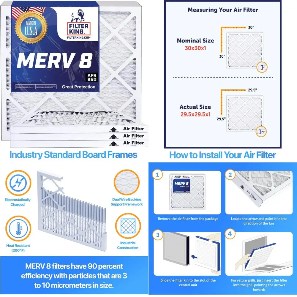 

HVAC Air Filters 20x25x1 Inch - 12 Pack MERV 8 Pleated AC Furnace Filters - Made in USA - Actual Size 19.5x24.5x0.7 - High Effic