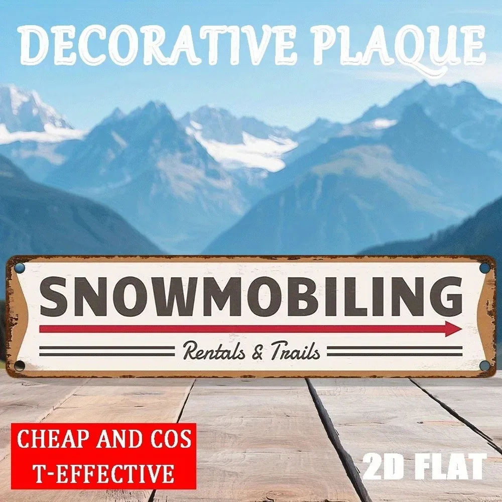 CIFbuy 2D Flat Small Vintage Snowmobile Customizable Aluminum Plaque 15.75x3.94Inch, Winter Mountain‑Trail Wall Hanging Art for