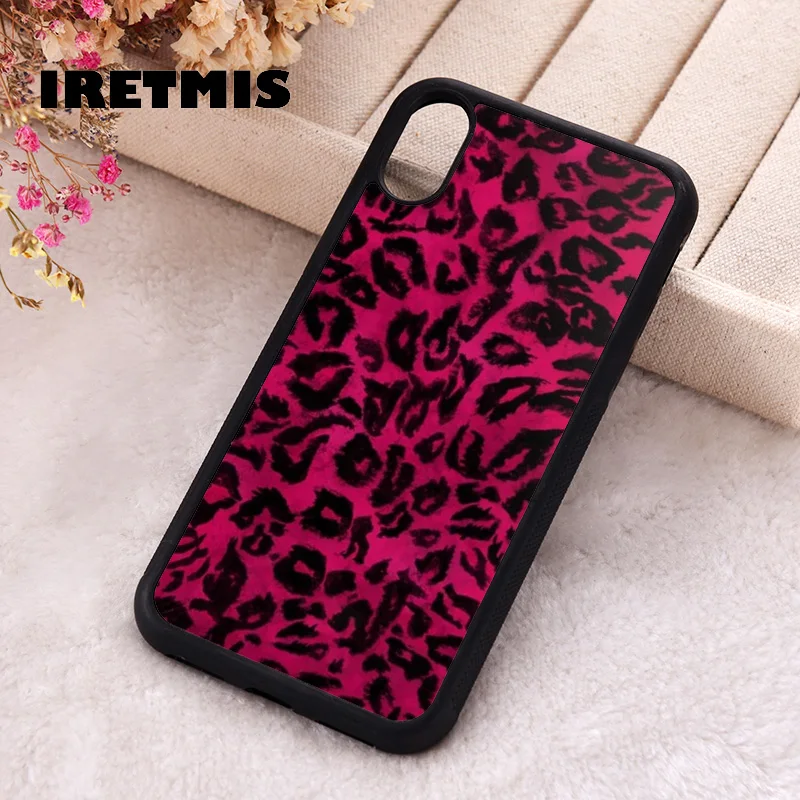 Iretmis Phone Cover Case For iPhone X XS Max XR 11 12 13 PRO MINI 14 15 16 Plus Rubber Silicone Hot Pink Leopard