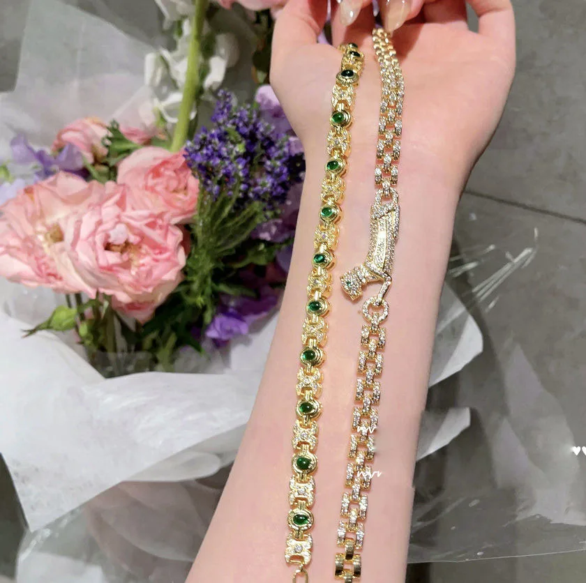 223 Women Cuban Babylonian Cheetah Gem Necklace Vintage Plated 18K Gold Emerald Arc Zircon Neckchain Bracelet