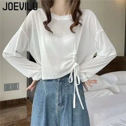 JOEVILU Sheer Tops High Waisted Drawstring Sunscreen Pullover Women's Summer Korean Casual Niche Shirt Short Long Sleeve T-shirt