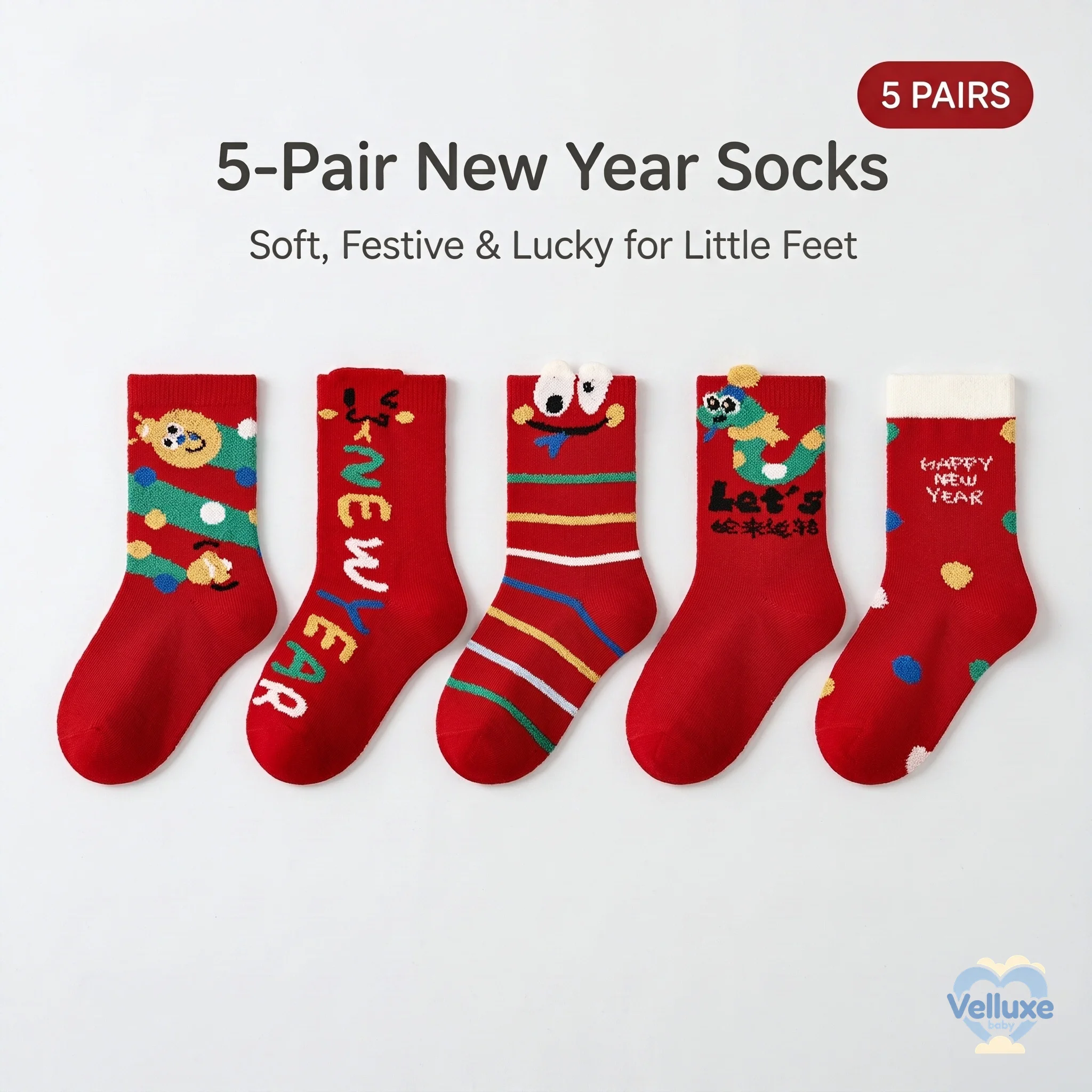 5 Pairs Kids Lunar New Year Red Crew Socks, Long Staple Cotton Seamless Socks, Cute Cartoon Snake for Boys Girls 1-12Y