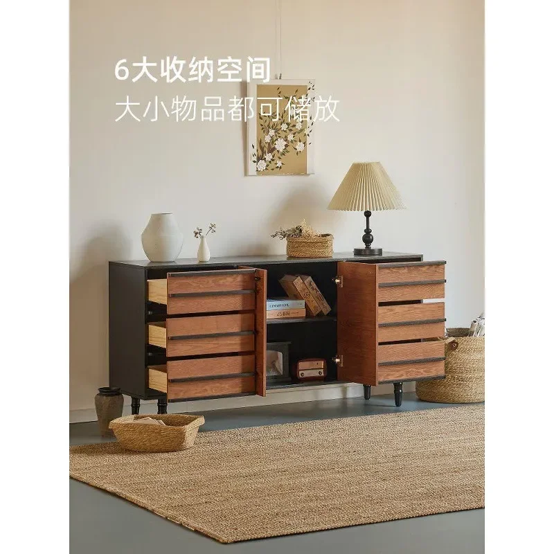 Bamboo Foot Solid Wood Dining Side Cabinet Storage Unit Walnut Color Large Capacity Bucket Style Cupboard for Home