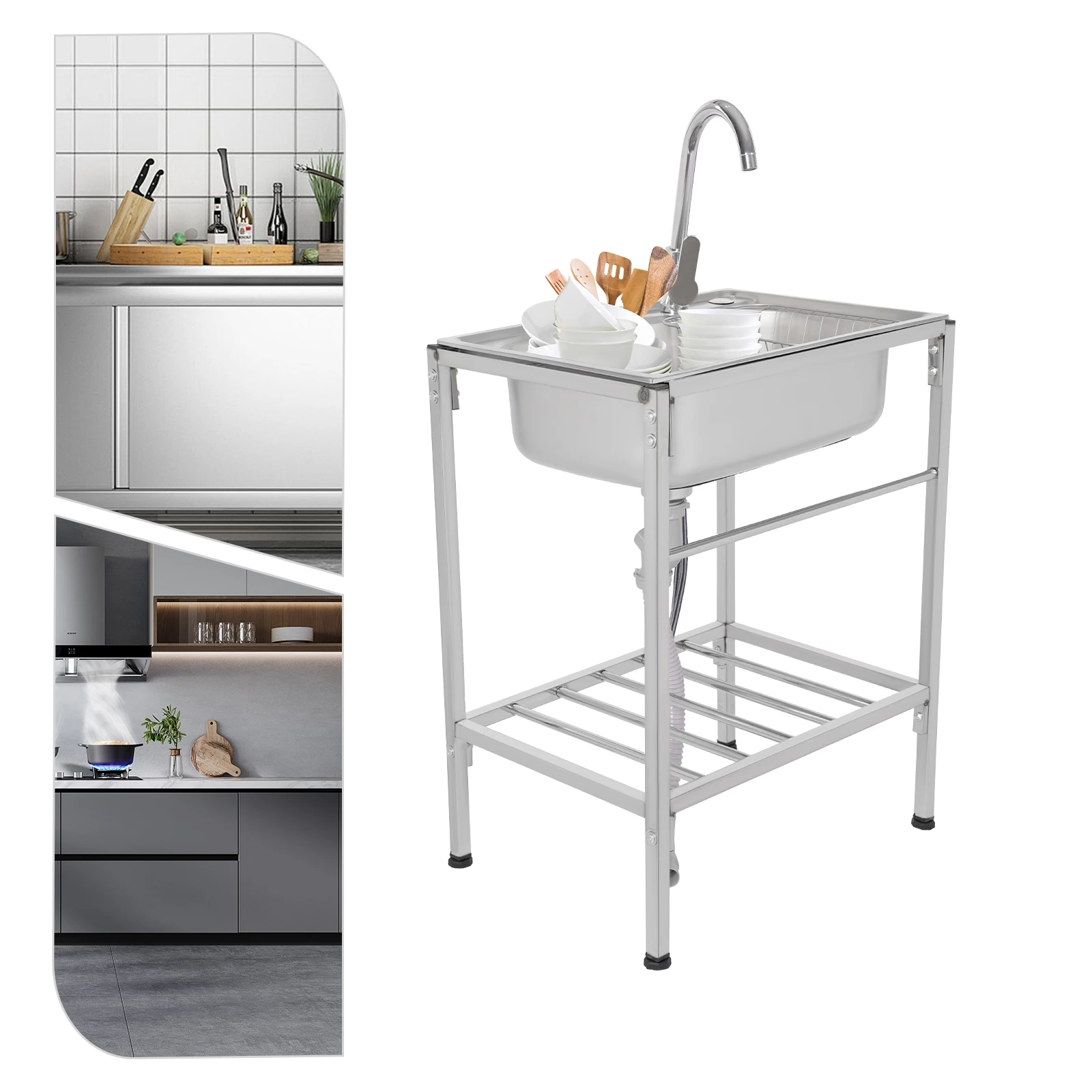 Kitchen Stainless Steel Sink, Free Standing Single Bowl Workbench W/ 360° Rotating Faucet, Drain, Basket, 60 X 45 X 75 Cm