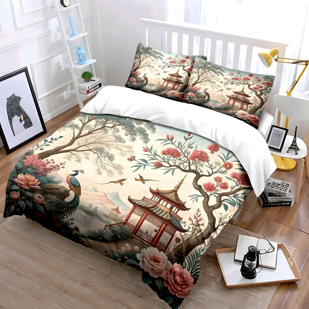 Traditional Chinese Garden with Nature Pattern Duvet Cover Set Digital Print Colorful Polyester Bedding with Zipper Closur