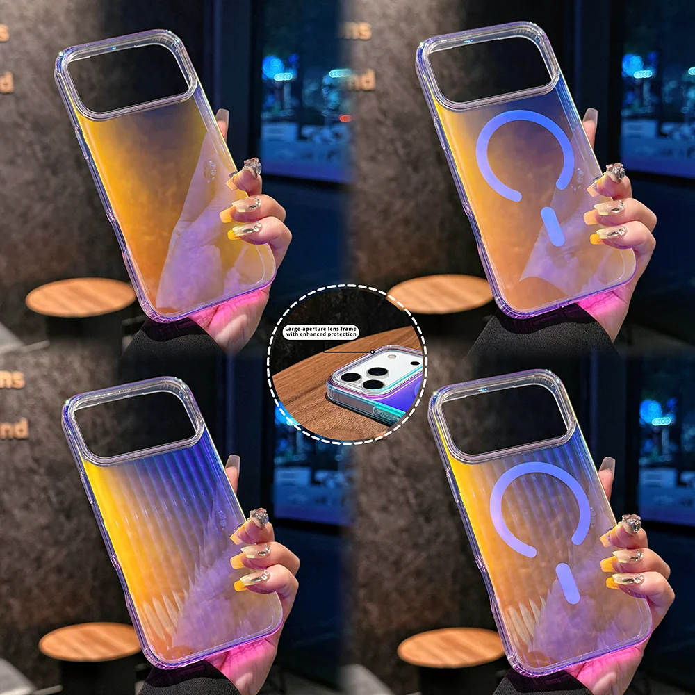 

For iPhone 17 phone case 16pro 15 14 13 12 Pro Max 11 series Laser color Case ,Aurora gradient Magsafe Case Luggage style，blue