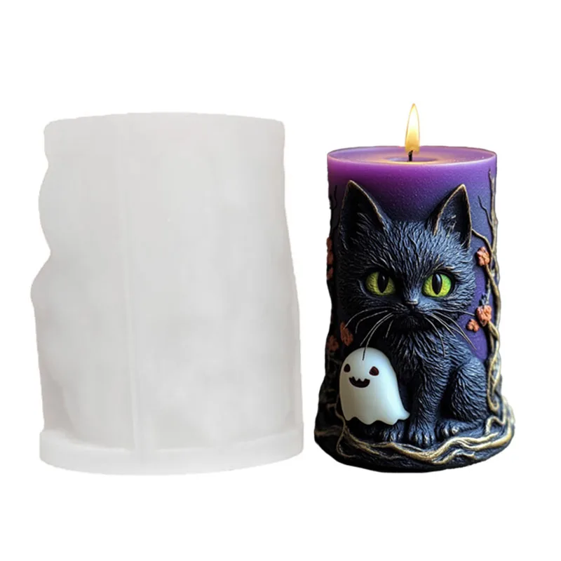 A Magic Black Cat Silicone Candle Mold |   Ghost Relief Carving |   Dark Night Purple Holiday Candle DIY ​